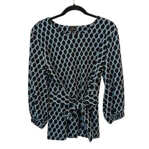Worthington Geometric Tie Waist 3/4  Sleeve Size Large Top Blue Black Office